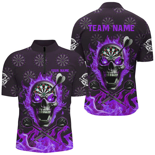 Purple Darts Skull Fire Flame Custom Men Dart Shirts, 3D Darts Jersey Short Sleeve For Team TDM2519