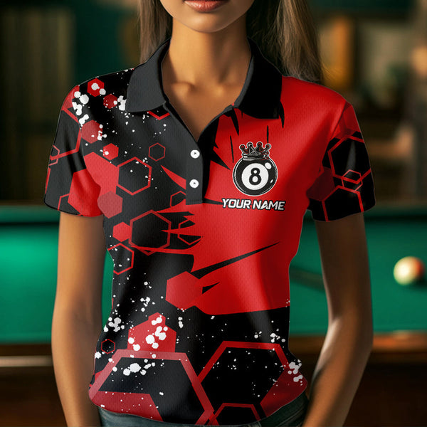 Personalized Black Red 8 Ball Crown Hexagon Billiard Shirts For Women, Pool Billiard Team Jerseys TDM3588