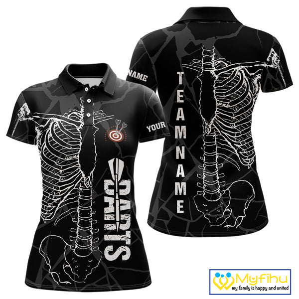 White Skeleton Custom Black Grunge Darts Polo & 1/4 Zip, Funny Dart Shirts For Women Dart Jerseys TDM3746