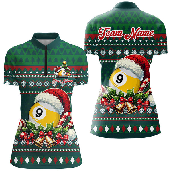 Funny Green Christmas Santa 9 Ball Pool Billiard Shirts For Women Custom Xmas Billiard Jerseys TDM3013