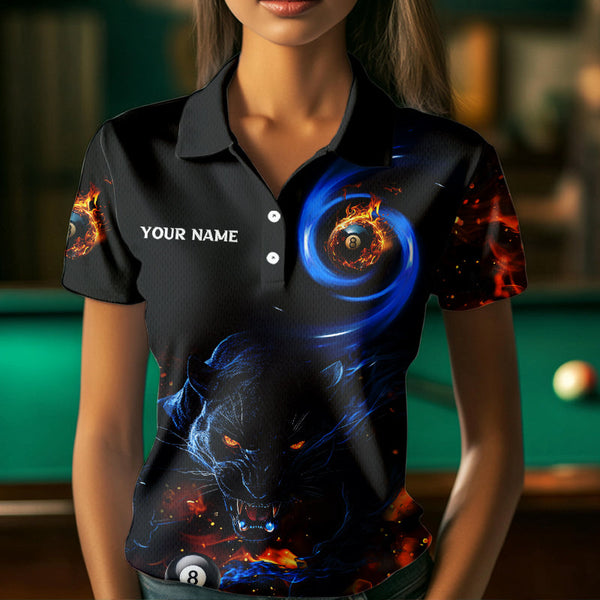 Personalized Orange And Blue Flaming 3D Panther Billiard Shirts For Women, Cool Team Billiard Jerseys TDM3599