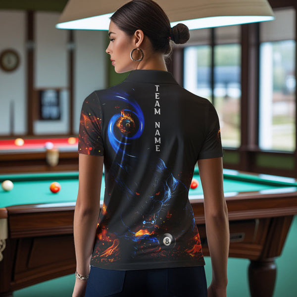 Personalized Orange And Blue Flaming 3D Panther Billiard Shirts For Women, Cool Team Billiard Jerseys TDM3599