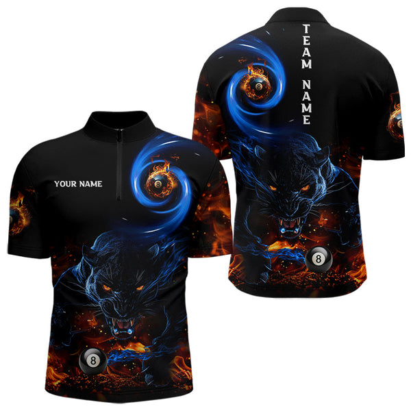 Personalized Orange And Blue Flaming 3D Panther Billiard Shirts For Men, Cool Team Billiard Jerseys TDM3599