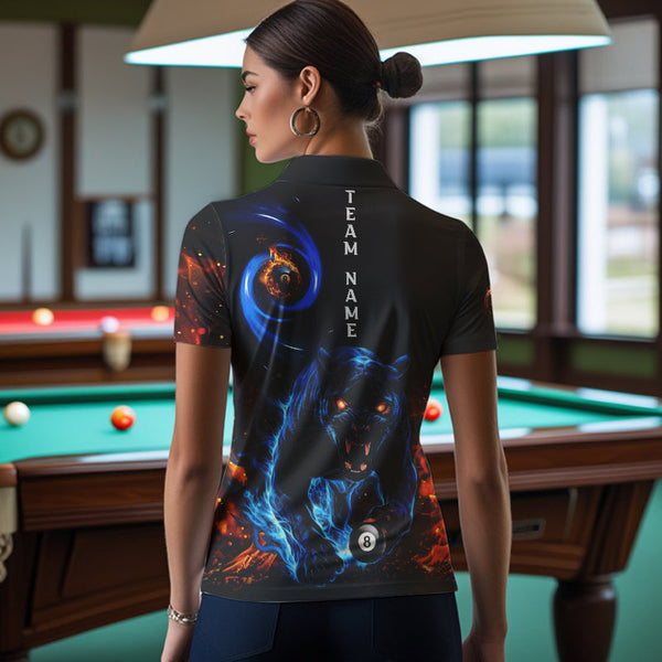 Personalized Orange And Blue Flaming 3D Panther Billiard Shirts For Women, Cool Team Billiard Jerseys TDM3600