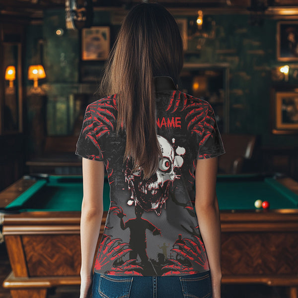 Funny Skull Claw Pattern Custom Women Billiard Shirts, Grunge Red Black Team Billiard Jerseys TDM3752