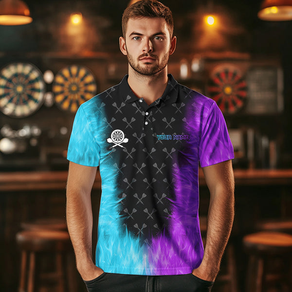 Blue And Purple Flame Men Dart Shirt With Pocket Option Custom Dart Jersey TDM3759