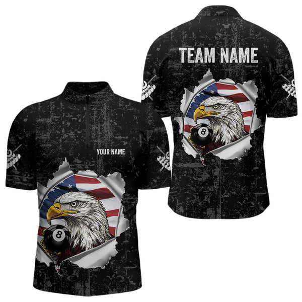 Personalized 8 Ball Pool Eagle US Flag Billiard Shirts For Men Custom Black Grunge Billiard Jerseys TDM3762