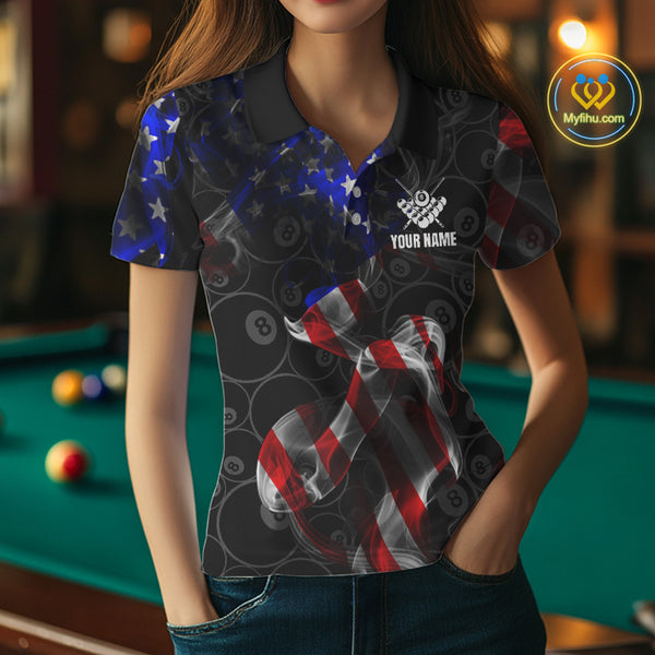 American Flag Smoke 8 Ball Billiard Shirts For Women Custom Patriotic Billiard Pool Team Jerseys TDM4028