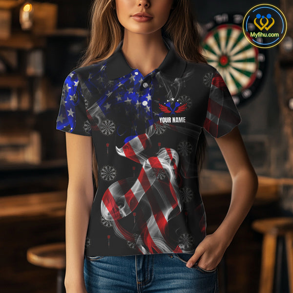 Custom Women's Dart Shirt With Pocket Option, US Flag Smoke Darts Team Jersey TDM4029