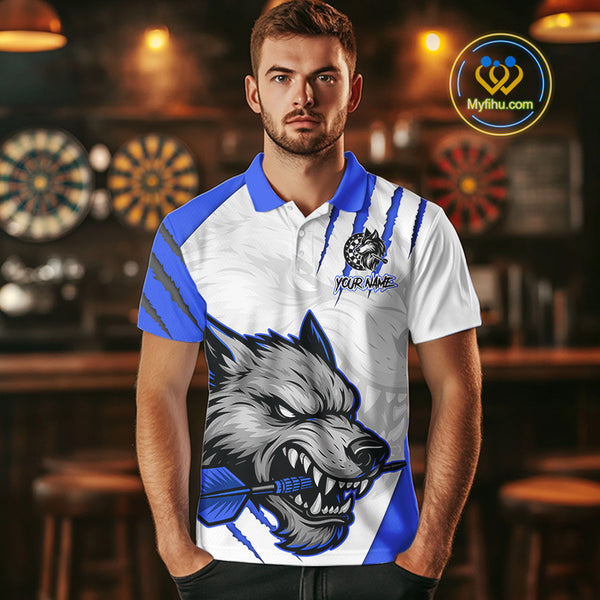 Blue And White Custom Claw Wolf Dart Shirts For Men, Dart Team Shirt Polo & 1/4 Zip, Dart Jerseys TDM4032