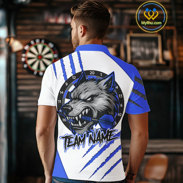Blue And White Custom Claw Wolf Dart Shirts For Men, Dart Team Shirt Polo & 1/4 Zip, Dart Jerseys TDM4032