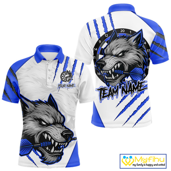 Blue And White Custom Claw Wolf Dart Shirts For Men, Dart Team Shirt Polo & 1/4 Zip, Dart Jerseys TDM4032