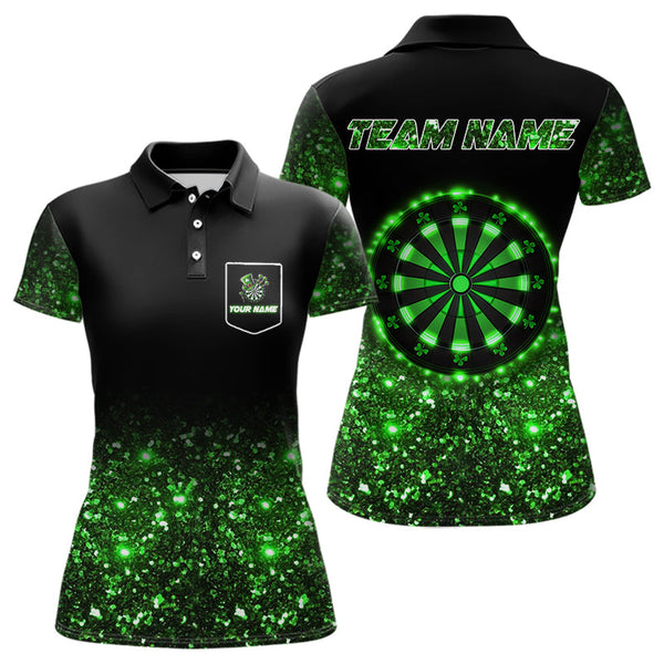 Custom Green Glowing Patrick Day Dart Shirts For Women, Shamrock Dart Jerseys TDM3612
