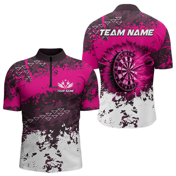 Personalized Pink Dartboard Fire Grunge Dart Shirts For Men Custom Darts Jerseys Polo & 1/4 Zip TDM3767