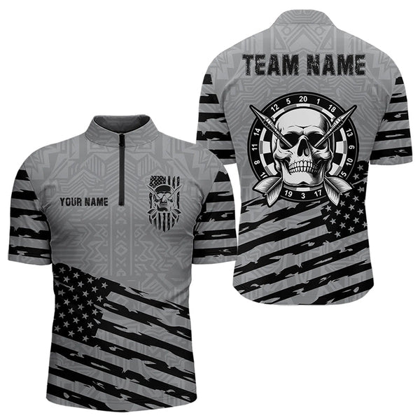 Personalized Grey US Flag Skull Dart Shirts For Men Custom Patriotic Cool Dart Team Jerseys TDM3274