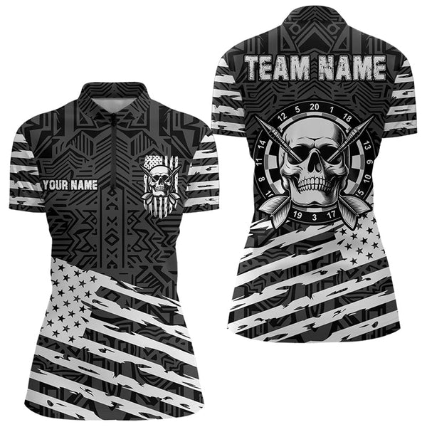 Personalized Black White US Flag Skull Dart Shirts For Women Custom Patriotic Cool Dart Team Jerseys TDM3275