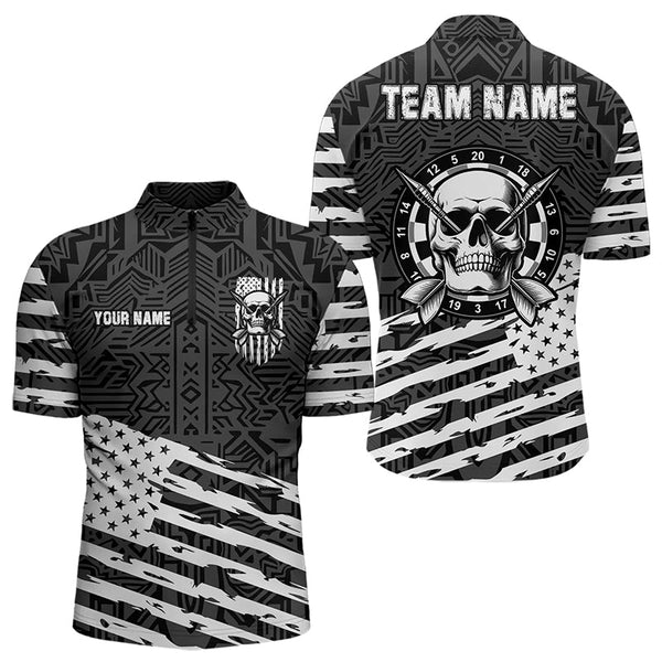 Personalized Black White US Flag Skull Dart Shirts For Men Custom Patriotic Cool Dart Team Jerseys TDM3275