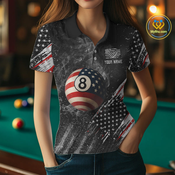 Personalized Grunge American Flag Women's Billiard Shirts Custom 8 Ball Pool Smoke Team Jerseys TDM4054