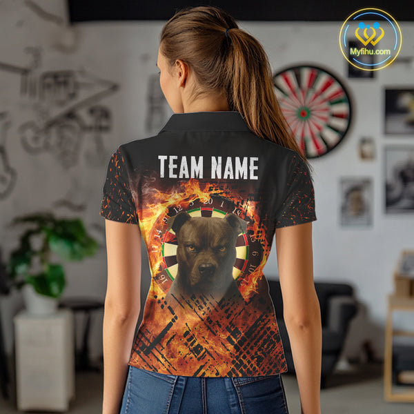 Personalized Fire Pitbull Dart Shirts For Women – Custom Flaming Darts Team Polo & 1/4 Zip Jerseys TDM4056