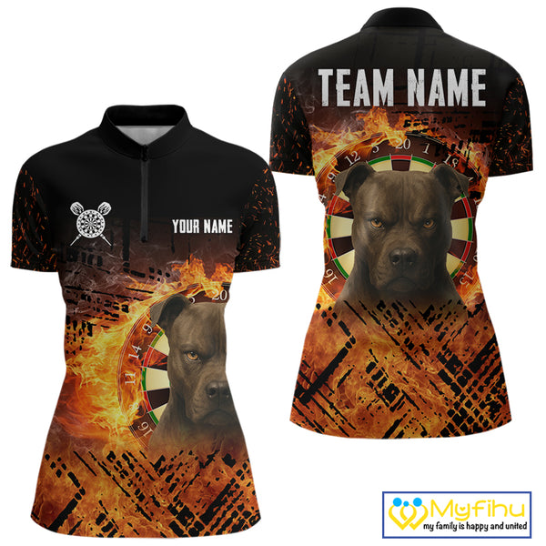 Personalized Fire Pitbull Dart Shirts For Women – Custom Flaming Darts Team Polo & 1/4 Zip Jerseys TDM4056