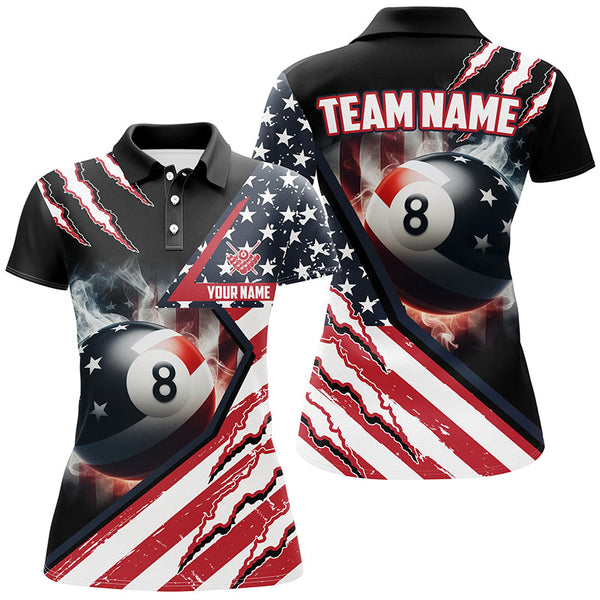 Personalized 8 Ball Pool US Flag Smoke Billiard Shirts For Women, Patriotic Billiard Jerseys Attire TDM1869