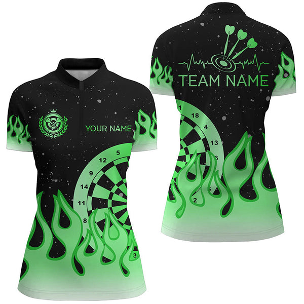 Green Dartboard Fire Flame Women Darts Polo & Quarter-Zip Shirt Custom Team Jersey Darts Gifts TDM2298
