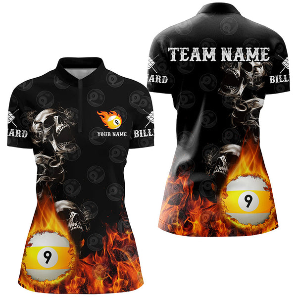 Personalized 9 Ball Pool Skull On Fire Billiard Shirts For Women, Funny 3D Printed Billiard Jerseys TDM2307