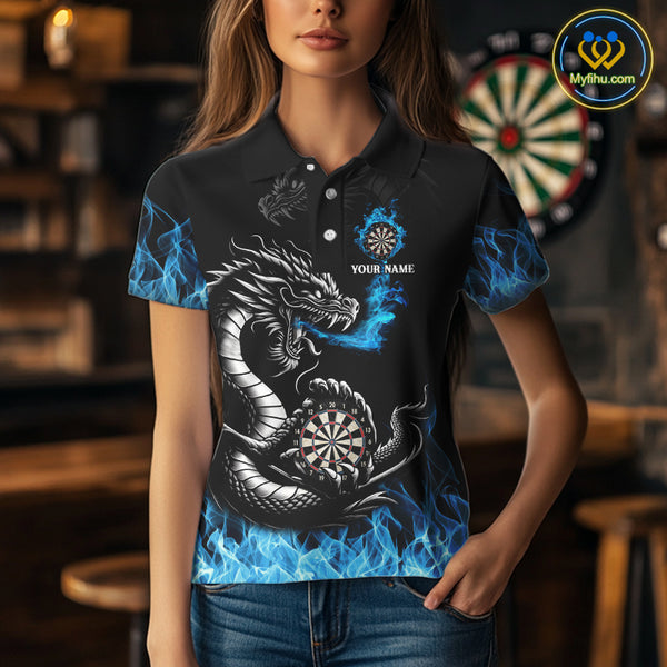 Personalized Blue Flaming Dragon Dart Shirts For Women Custom Darts Team Jerseys Polo & Quarter Zip TDM4060