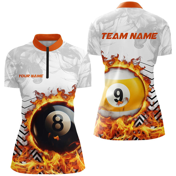 Personalized 8 Ball & 9 Ball Fire Flame Smoke Billiard Shirts For Women, Billiard Apparel For Team TDM2083