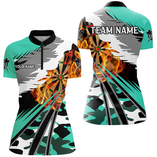 3D Dartboard Fire Women Darts Polo & Quarter-Zip Shirts Custom Camo Turquoise Darts Team Jerseys TDM2555