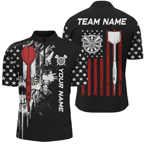 Grunge Skull Custom Black American Flag Dart Shirts For Men, Patriotic Dart Jerseys Team Uniform TDM2807