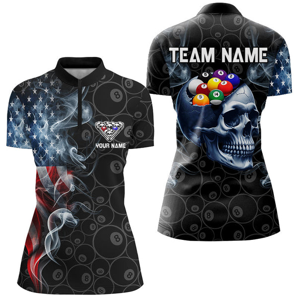 Skull Billiard Balls Custom American Flag Smoke Pool Shirts For Women, Patriotic Billiard Team Jersey TDM2814