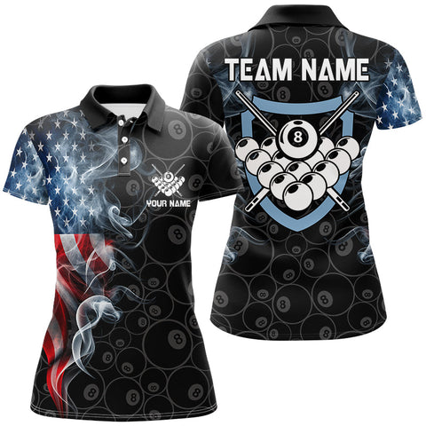 American Flag Smoke Custom Women Billiard Polo & 1/4 Zip Shirts, Patriotic Billiard Pool Team Jerseys TDM2815