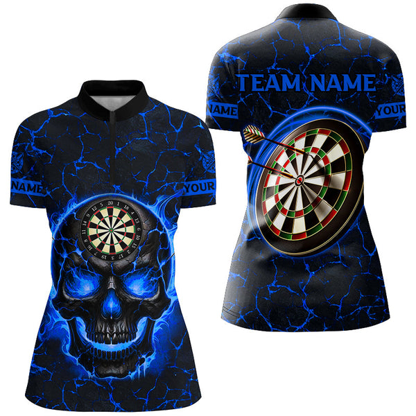 Personalized Fire Flame Skull Magma Pattern Women Darts Shirts, Dart League Shirts Team Jerseys |Blue TDM2585