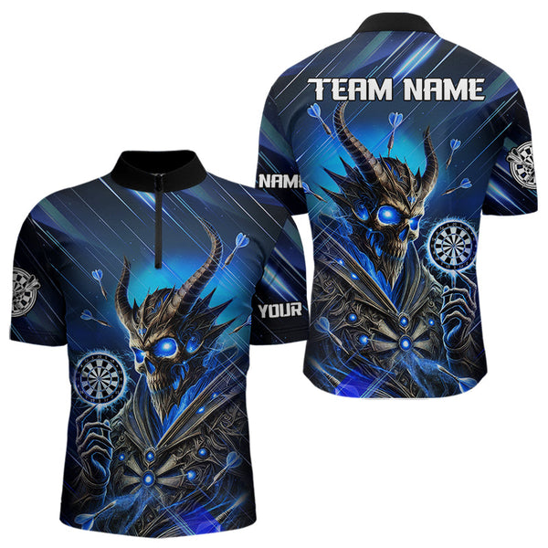 Personalized Blue Glowing Grim Reaper Dart Shirt Polo, Quarter Zip For Men Custom Skull Dart Jersey TDM3640