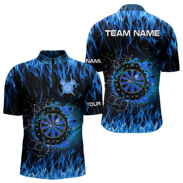Blue Flaming Dart Shirt With Pocket Option For Men Custom Dart Team Jersey TDM3791
