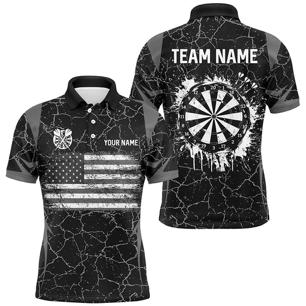 Personalized Black White Retro US Flag Patriotic Men Dart Shirts, Crack Pattern Grunge Dart Jerseys TDM2596