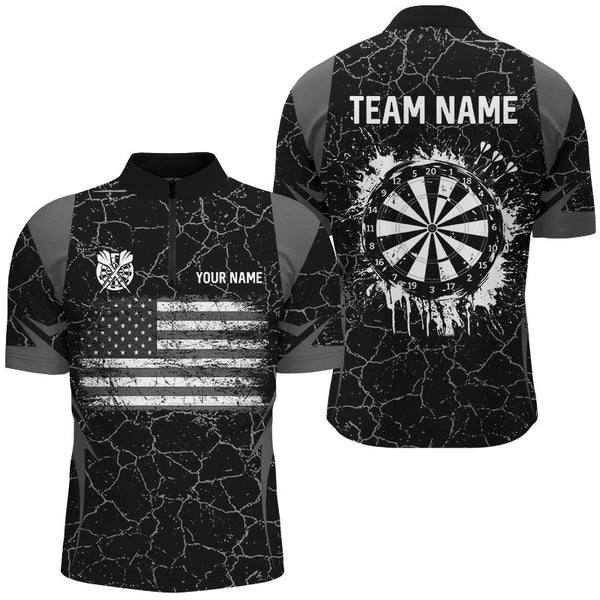 Personalized Black White Retro US Flag Patriotic Men Dart Shirts, Crack Pattern Grunge Dart Jerseys TDM2596