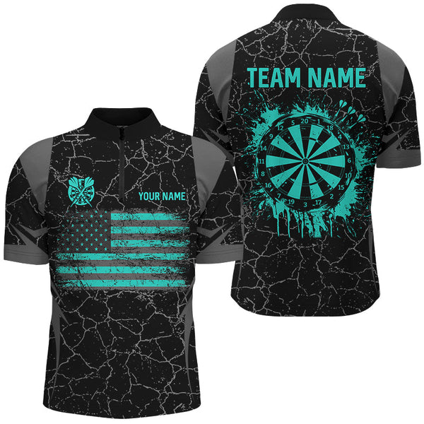 Personalized Turquoise Retro US Flag Patriotic Men Dart Shirts, Crack Pattern Grunge Dart Jerseys TDM2597