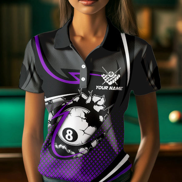 Funny 8 Ball Pool Purple Billiard Jersey For Women Custom Polo & Quarter Zip Billiard Team Shirts TDM3488