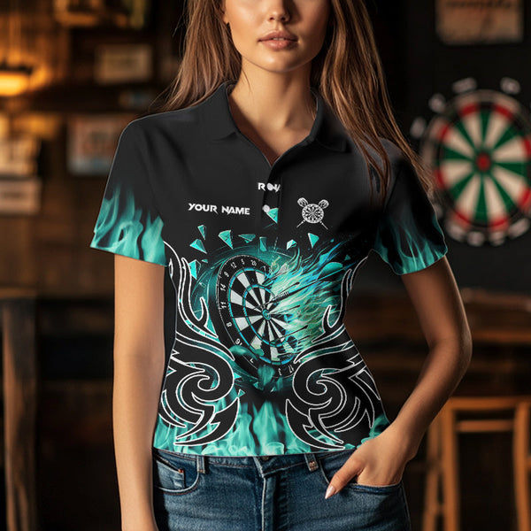 Custom Turquoise Tribal Flame Dart Shirt For Women, Dart Jersey Pocket Option TDM3795
