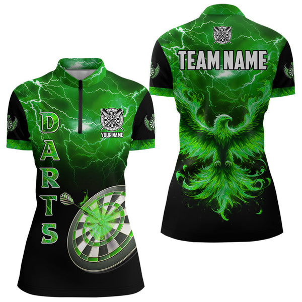 Personalized Lightning Thunder Custom Flaming Phoenix Dart Shirts For Women, Dart Jerseys |Green TDM3089