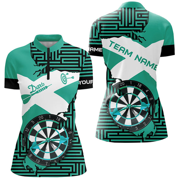 Personalized Turquoise Funny Crack Darts Board Women Polo & Quarter-Zip Shirts, Darts Team Jerseys TDM1702