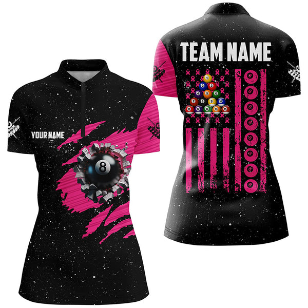 Breast Cancer American Flag Custom Pink And Black Women Billiard Shirts, Patriotic Billiard Jerseys TDM2360
