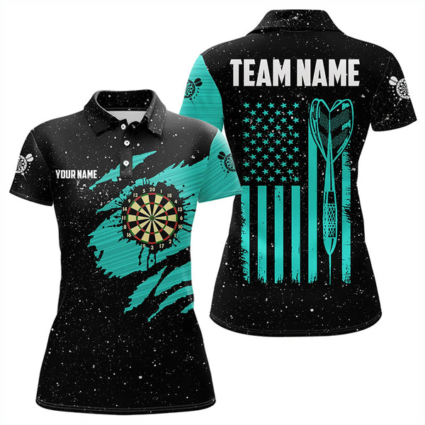 Customized Turquoise Grunge American Flag Women Dart Shirts Custom Patriotic Team Dart Jerseys TDM3336