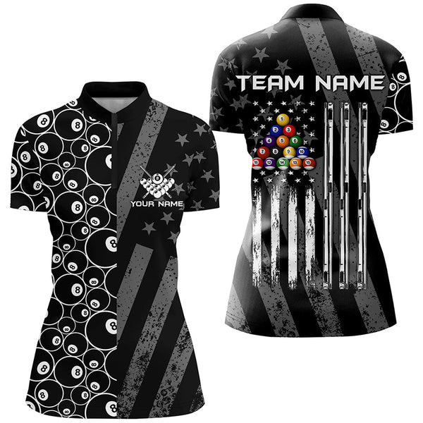 Custom Black Retro US Flag Billiard Polo & Quarter-Zip Shirts For Women, Patriotic Pool Player Shirts TDM1710