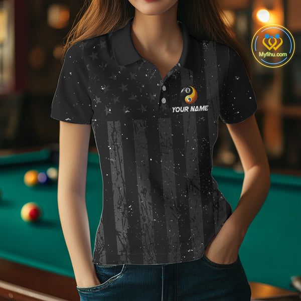 Black US Flag Ying And Yang 8 Ball & 9 Ball Custom Billiard Shirts For Women Funny Billiard Jerseys TDM4082
