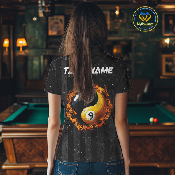 Black US Flag Ying And Yang 8 Ball & 9 Ball Custom Billiard Shirts For Women Funny Billiard Jerseys TDM4082
