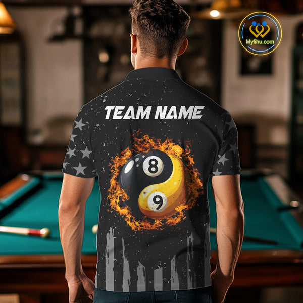 Black US Flag Ying And Yang 8 Ball & 9 Ball Custom Billiard Shirts For Men Funny Billiard Jerseys TDM4083