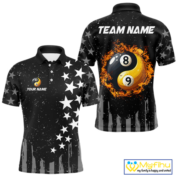 Black US Flag Ying And Yang 8 Ball & 9 Ball Custom Billiard Shirts For Men Funny Billiard Jerseys TDM4083
